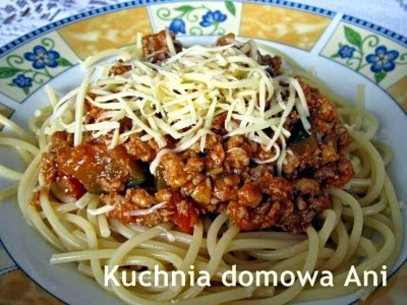 Spaghetti z mięsem i cukiniowym leczo