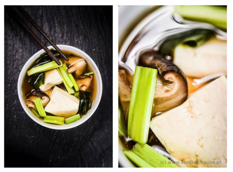 Zupa miso z tofu, grzybami, wakame i szczypiorem