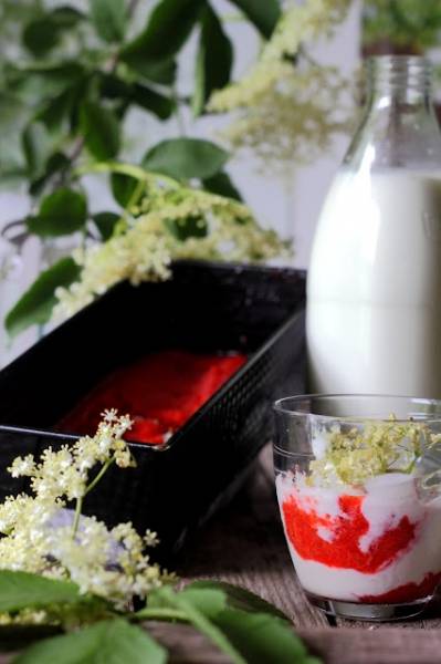 Domowy jogurt aromatyzowany kwiatami czarnego bzu z truskawkową granitą