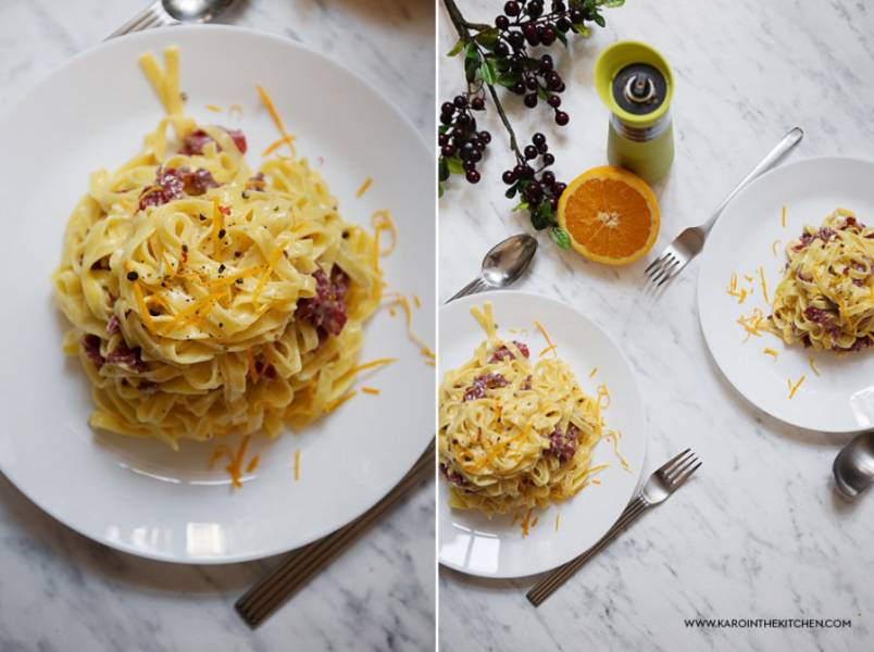 Tagliatelle z prosciutto, w kremowym sosie pomarańczowym