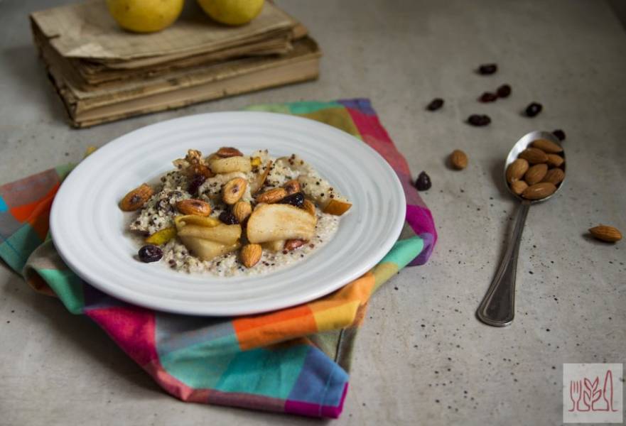 Breakfast quinoa with caramelised pears and almonds.