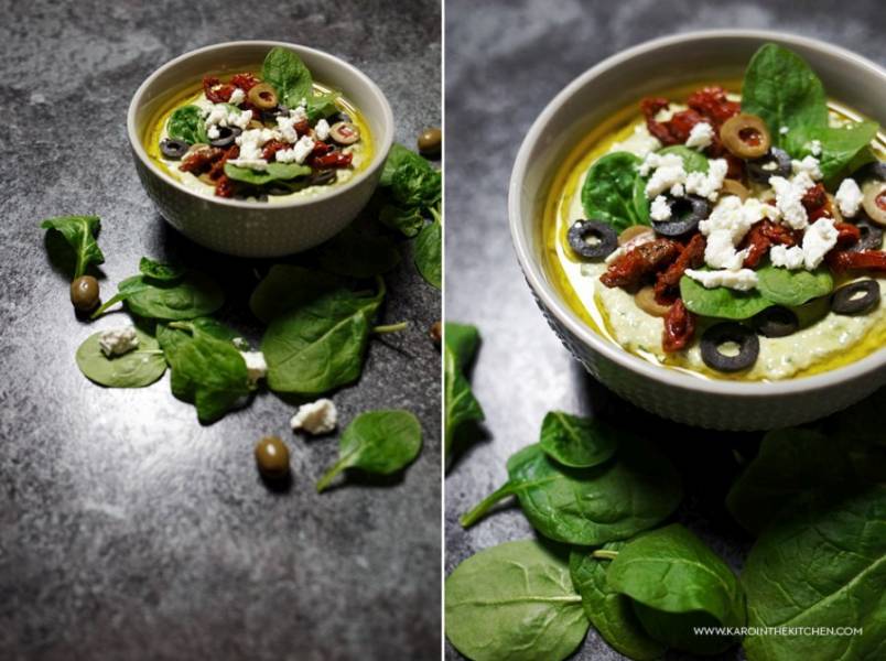 Grecki zielony hummus – feta, oliwki, szpinak i suszone pomidory