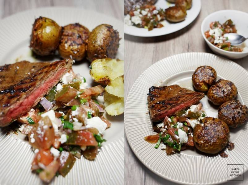Stek bavette – marynowana i grillowana łata wołowa i gniecione ziemniaki