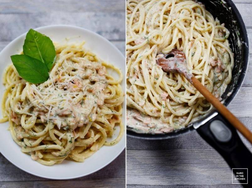 Carbonara z wędzonym łososiem – lekka i odchudzona