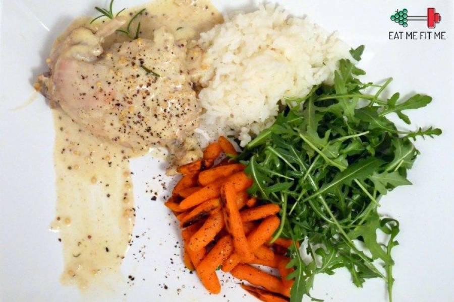Przepis na królika w sosie musztardowym z ryżem, rukolą i grillowaną marchewką