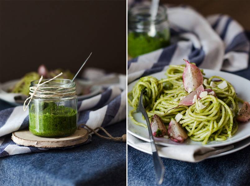 Makaron z pesto z liści rzodkiewki