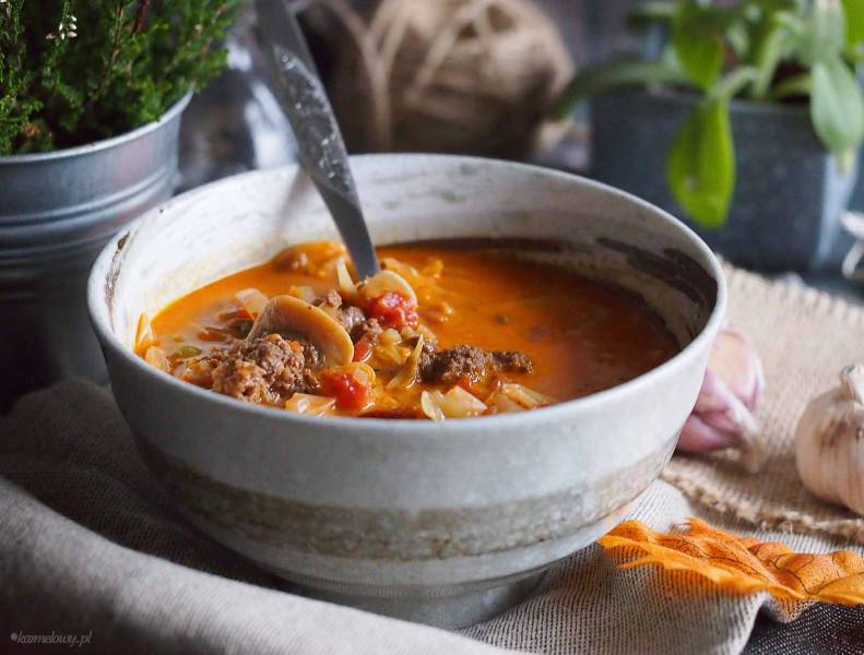 Sycący kapuśniak z mięsem i grzybami / Cabbage soup with meat and mushrooms