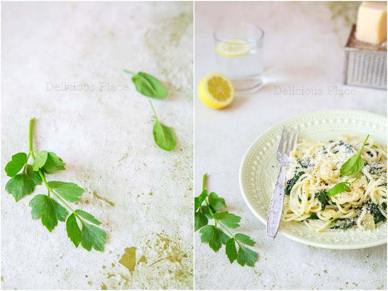 Spaghetti ze szpinakiem i lubczykiem / Spaghetti with spinach and lovage