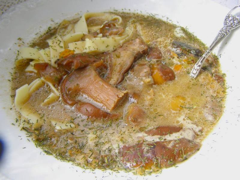 z  mrożonych grzybów pyszna zupa z makaronem, śmietaną...