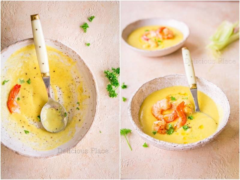 Zupa kukurydziana z krewetkami / Corn soup with prawns