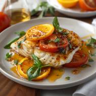 Halibut pieczony: przepis na pieczonego halibuta w sosie pomarańczowo-miodowym z pomidorami i bazylią