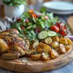 Przepis na niedzielny obiad: Pieczony kurczak z ziołami, pieczone ziemniaki i sałatka z sezonowych warzyw