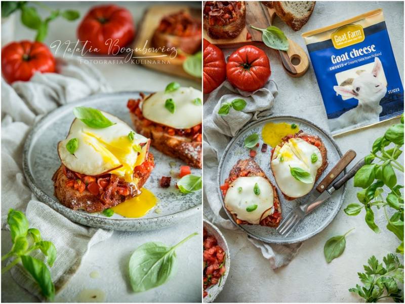 Bruschetta z jajkiem w koszulce i kozim serem