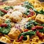 Kurczak z makaronem i szpinakiem w kremowym sosie curry