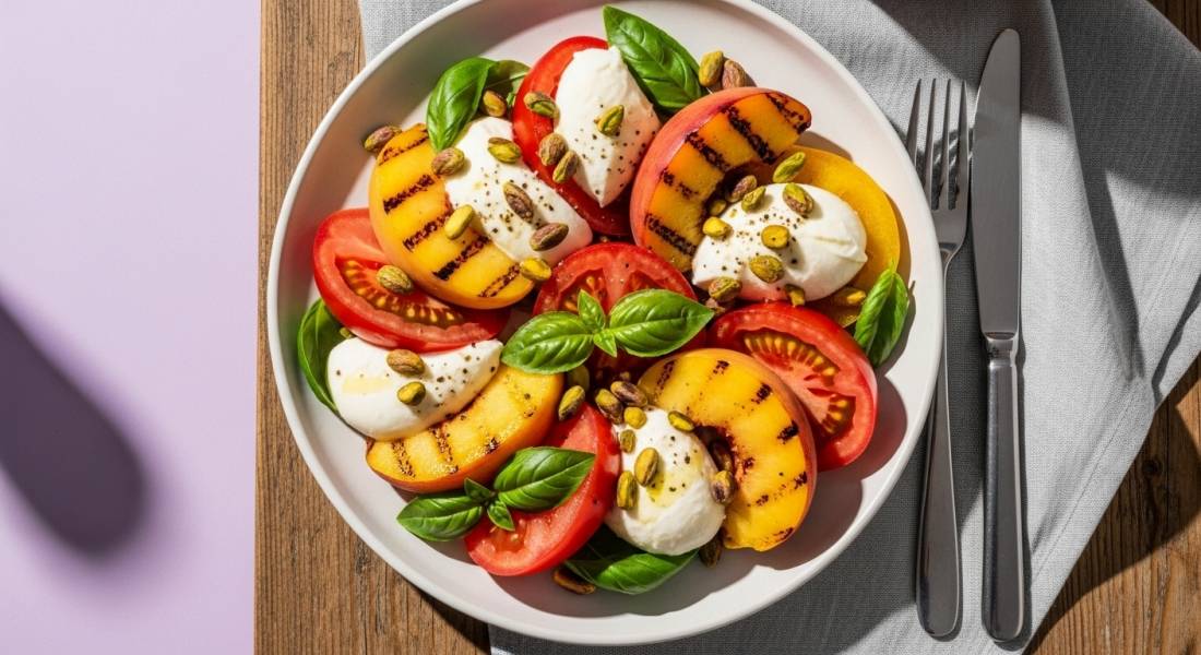 Sałatka Caprese z grillowanymi brzoskwiniami i pistacjami