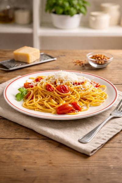 Spaghetti z pomidorkami koktajlowymi