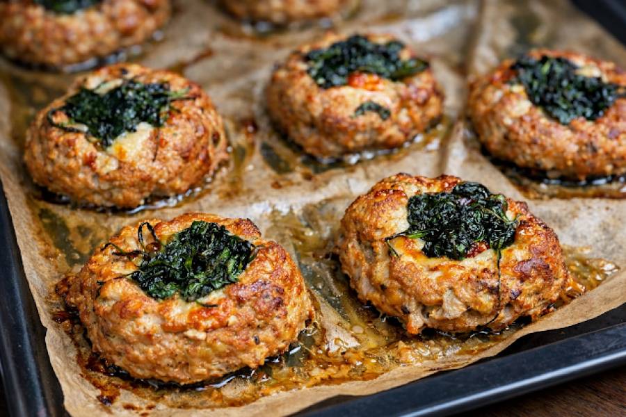 Gniazdka z mięsa mielonego ze szpinakiem i sosem pieczarkowym