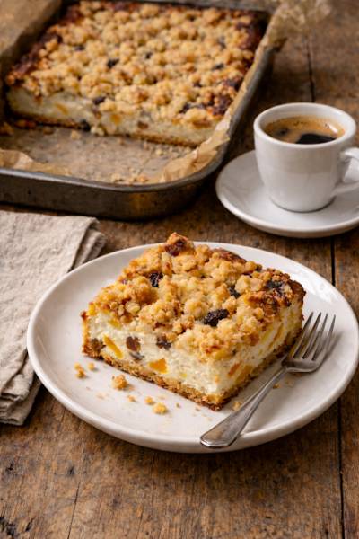 Sernik z brzoskwiniami i kruszonką