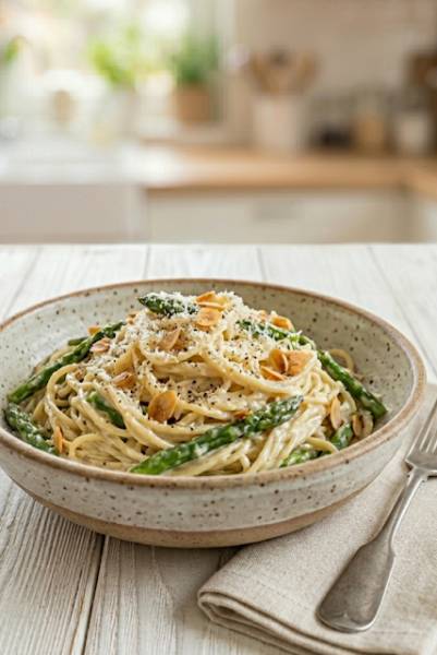 Spaghetti  ze szparagami w kremowym sosie
