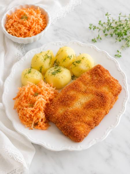 Mrożone kostki rybne w chrupiącej panierce z ziemniakami i surówką