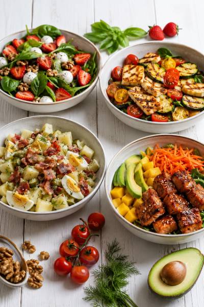Sałatki na każda okazję /Truskawkowa , Halloumi, Ziemniaczana , Łosoś z mango