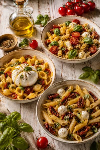 Sałatki makaronowe prosto z Italii /Caprese, Burrata z pomidorkami, Mozarella z suszonymi pomidorami