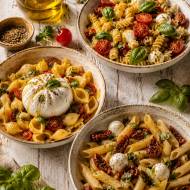 Sałatki makaronowe prosto z Italii /Caprese, Burrata z pomidorkami, Mozarella z suszonymi pomidorami