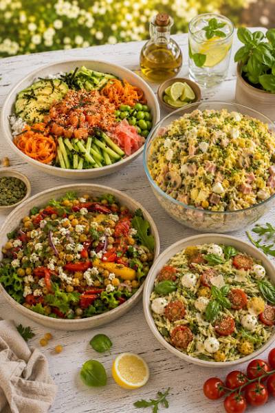 Sałatki na każdą okazję / z ciecierzycą i papryką , z makaronem orzo , z pieczarkami , Sushi Bowl