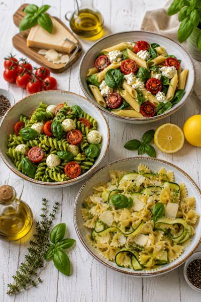 Sałatki makaronowe / z pesto Genovese, z pieczonymi pomidorami, z cukinią /