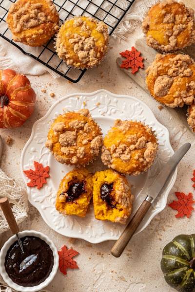 Muffiny dyniowe z powidłami śliwkowymi i kruszonką