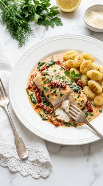 Dorsz po toskańsku z suszonymi pomidorami i szpinakiem – z gnocchi