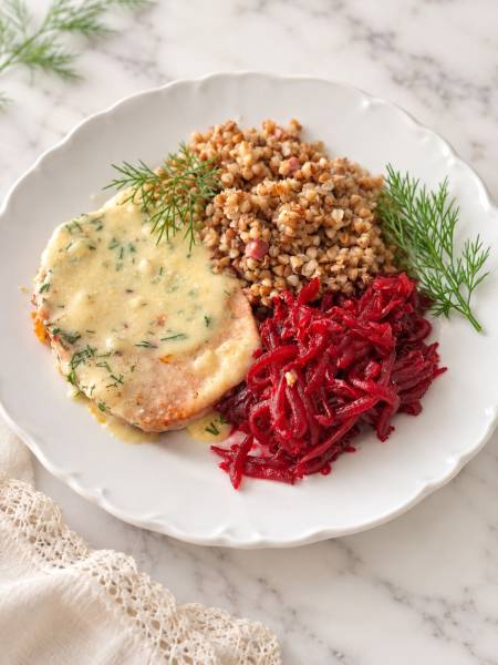 Pieczeń rzymska w sosie chrzanowo-koperkowym – przepis na obiad